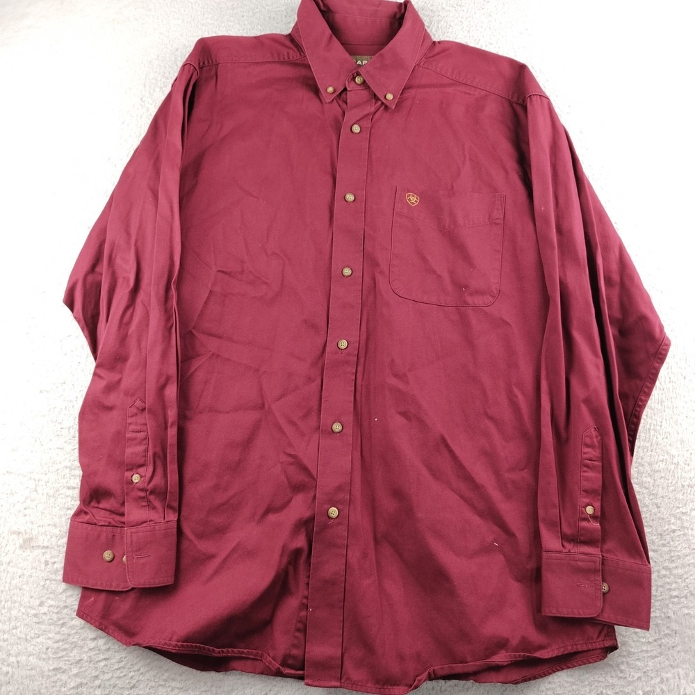 Ariat Cotton Button Down Men XL Work Shirt Red Long Sleeve Pocket Logo